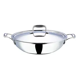 Vinod Platinum Triply Stainless Steel Kadai with Stainless Steel Lid 4.5 litres Capacity (30 cm Diameter) with Riveted Handles - Silver (Induction and Gas Stove Friendly)