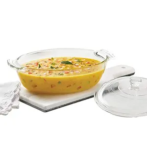 Borosil Solid Glass Deep Oval Oven and Microwave Safe Serving Bowl/Casserole with Glass Lid (1300 ml Transparent)