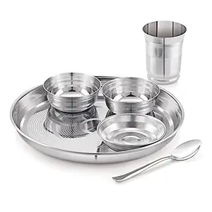 Attro Stainless Steel Silver Touch Finish Dinner Set of 1 Thali 1 Plate 2 Bowl 1 Glass 1 Spoon (Thali Diameter 12 inch) - Set of 6 Standard