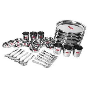 HAZEL Kitchen Set I Steel Dinner Set of 36 Pieces I Unbreakable Dinner Set for Kitchen Items I Durable Stainless Steel Dinner Set for Daily Purpose Usage with Glossy Silver Finish