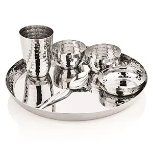 SPRINGWAY - Brand of Happiness KingKraft Stainless Steel Dinner Set of 1 Dinner Plate 1 Halwa Plate 2 Katori Bowl 1 Glass 1 Spoon (Silver) (Set of 6)