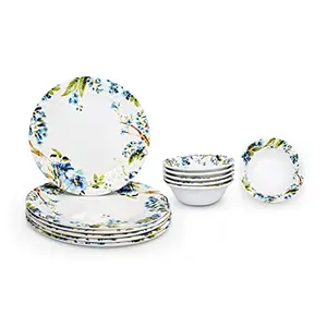 Konvio Melamine Unbreakable White Dinner Plate Set (11 inches 6 Pieces) & Melamine Vegetable Bowl Set (4.7 inches 6 Pieces) Combo Pack