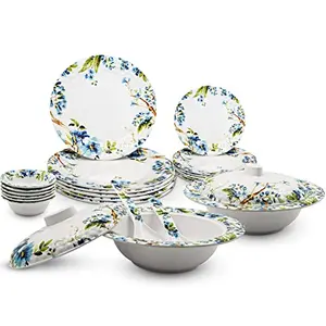 Konvio Floral Design Melamine Unbreakable Dinner Set Collection of Microwave Safe Plates Bowl and Spoons (22 Pieces White)
