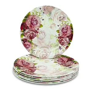 Konvio Melamine Dinner Plates Set of 6 Full Plates Pink Floral Design Unbreakable Plates (Pink 11 inches) - 6 Pieces