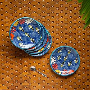 ExclusiveLane 'The Bee Collective' Handpainted Ceramic Microwave Safe Quarter Small Snacks Serving Side Plates (Blue Set of 6)