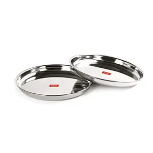 Sumeet Stainless Steel Heavy Gauge Deep Wall Dinner Plates with Mirror Finish 26.6cm Dia - Set of 2pc