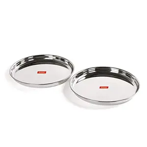 Sumeet Stainless Steel Heavy Gauge Deep Wall Dinner Plates with Mirror Finish 33.7cm Dia - Set of 2pc