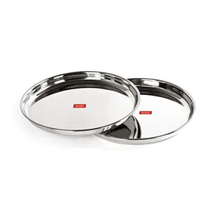 Sumeet Stainless Steel Heavy Gauge Deep Wall Dinner Plates with Mirror Finish 29cm Dia - Set of 2pc