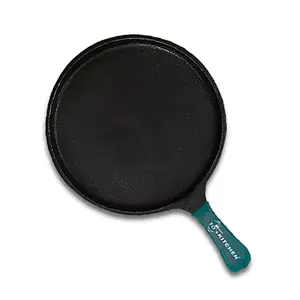 70'S KITCHEN Pre Seasoned Cast Iron Tawa with Silicon Cover Handle for Dosa Roti Chapathi 10 Inch / Black