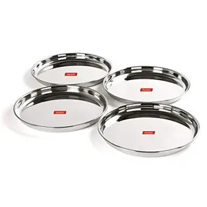 Sumeet Stainless Steel Heavy Gauge Deep Wall Dinner Plates with Mirror Finish 29cm Dia - Set of 4pc
