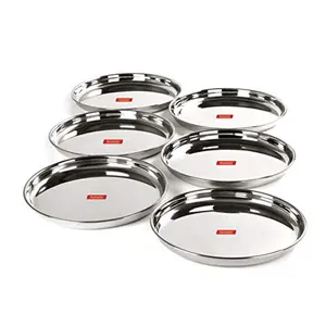 Sumeet Stainless Steel Heavy Gauge Deep Wall Dinner Plates with Mirror Finish 31.3cm Dia - Set of 6pc