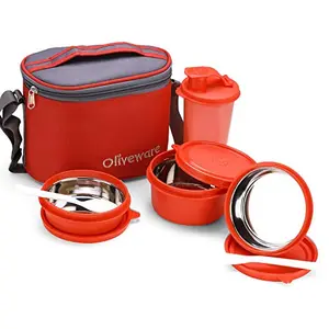 oliveware Microwave Safe and Leak Proof Groove Steel Range Lunch Box of 3 Air-Tight Plastic Containers and Tumbler with Bag (Red)
