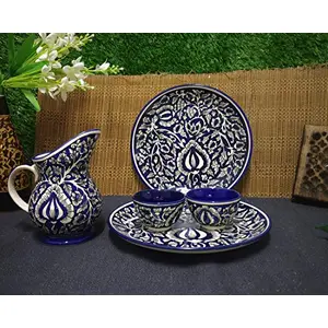 Caffeine Ceramic Handmade Blue Mughal Combo Dinner Set (5 pcs.)