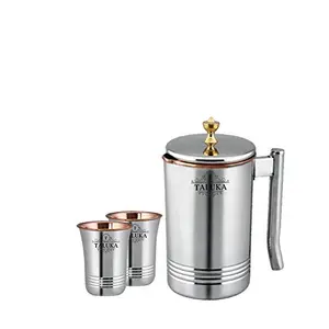 Taluka Copper Stainless Steel Jug Pitcher with Brass Knob Storage and Serving Water Home Hotel Restaurant (1500 ML) with 2 Copper Glass