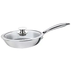Alda Vitale Tri Ply Stainless Steel Fry Pan + Glass Lid - Food Grade SS 304 Cooking Surface - Suitable for All Types of Cooking Including Induction (24CM)