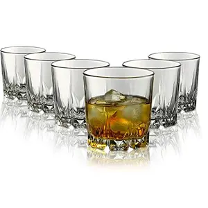 PrimeWorld Karat Crystal Whiskey Glasses Set of 6 pcs- 300 ml Bar Glass for Drinking Bourbon Whisky Scotch Cocktails Cognac- Old Fashioned Cocktail Tumblers