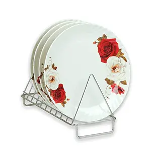 Golden Fish Melamine Red & White Roses Printed Full Size Round Dinner Plate (Set of 4; 11 Inches)