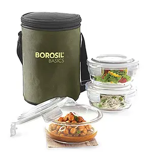 Borosil - Basics Glass Round Microwave Safe Office Lunch Box  Tiffin (Transparent 400 ml Set of 3)