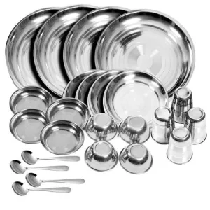 Capital Stainless Steel Dinner Sets (Glass Curry Bowl Desert Bowls Spoon Quarter Plates and Full Plate Silver) - Set of 24