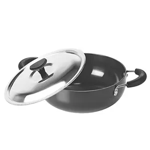 Sumeet 3mm Hard Aluminum Anodized Deep Kadhai with Stainless Steel Lid (Size 10 185mm 1 LTR Black)
