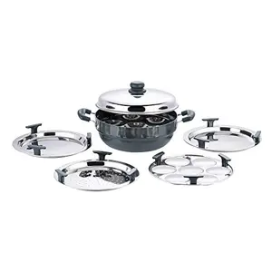 Vinod Hard Anodized 6 pcs Multi Kadai with Stainless Steel Lid 2 Idli Plates 2 Dhokla Plates and 1 Patra Plate - Silver (Induction and Gas Stove Friendly)
