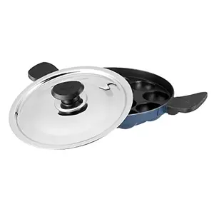 Vinod Zest Non-Stick 12 Pits Round Paniyarakkal with Stainless Steel Lid and Soft Touch Handle 3 Layers Coating PFOA Free - 3mm Thickness (Gas Stove Compatible)
