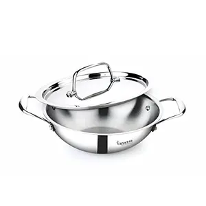 Crystal TriPro -Triply Stainless Steel Kadai with Lid - 22 cm (Induction Bottom) Silver (CTP-KD-003)
