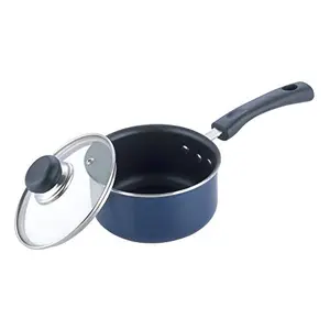 Vinod Zest Non-Stick Saucepan with Glass Lid 1.4 litres Capacity (14 cm Diameter) with Triple Riveted Sturdy Bakelite Handle (Gas Stove Compatible) PFOA Free 3mm Thickness - Blue
