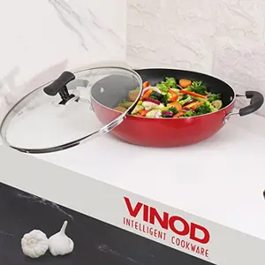 Vinod Popular Non Stick Kadai with Glass Lid 2.5 litres Capacity (24 cm Diameter) with Sturdy Riveted and Virgin Bakelite Handle (Induction and Gas Stove Friendly) PFOA Free - 24 Months Warranty