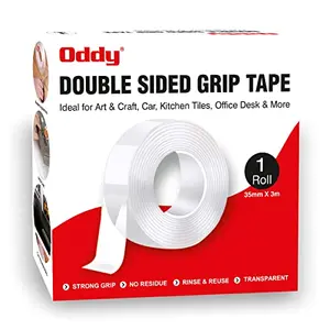 Oddy Double Sided Grip Tape | Heavy Duty Transparent Mounting Strong Adhesive Traceless| Ideal for Walls Posters Carpets Photo Frames Kitchen Office Car Decor | Washable Reusable (35mm wide x 3 Meter Length x 2mm Thickness)