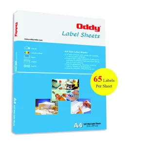 Oddy A4 Paper Label Stickers for Laser & Inkjet Printers | 65 Labels per Sheet - Pack of 100 Sheets | for Shipping Address Folders Industrial use