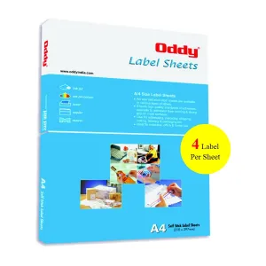 Oddy A4 Self Adhesive Paper Label Stickers for Laser & Inkjet Printers - 4 Labels per Sheet - Pack of 100 Sheets for Shipping Address Folders Industrial use