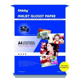 Oddy 130 GSM A4 Size Glossy Photo Paper  Universal Coated Water Proof Pack of 50 Sheets Compatible with Inkjet Printer.