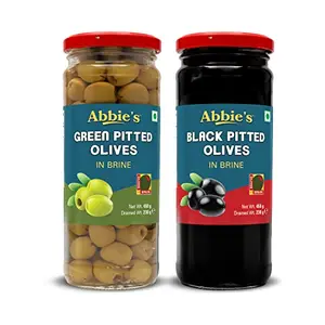 Abbie's Black Pitted Olives (450 g) + Green Pitted Olives (450 g) Pack of 1 Each Product of Spain for Authentic Taste in Cooking Snacking Pizzas toppings or Italian Pastas Ingredient.