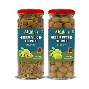 Abbie's Green Sliced Olives + Green Pitted Olives 450g Pack of 1 Each Product of Spain for Authentic Taste in Cooking Snacking Pizzas toppings or Italian Pastas Ingredient