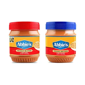 Abbie's Peanut Butter Creamy + Peanut Butter Crunchy 340g Pack of 1 each Power Packed Spread Loaded with Protein (7.7g and 7.5 per serving) | Zero Cholesterol and Zero Trans Fat | With Perfectly Roasted Peanuts | Gluten Free