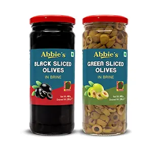 Abbie's Black Sliced Olives (450 g) + Green Sliced Olives (450 g) Pack of 1 Each Product of Spain for Authentic Taste in Cooking Snacking Pizzas toppings or Italian Pastas Ingredient