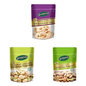 Happilo 100% Natural Premium Whole Cashews 200g & Premium Californian Roasted and Salted Pistachios 200g & 100% Natural Premium Californian Almonds 200g