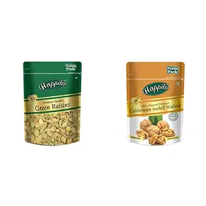 Happilo Dried Seedless Green Raisins Value Pack Pouch 500 gm & Premium 100% Natural Californian Inshell Walnut Kernels Value Pack PouchRaw 500g