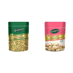 Happilo Premium Seedless Green Raisins 250g & Premium Iranian Roasted & Salted Pistachios 200g Pista Dry Fruit Shelled Whole Nuts Super Crunchy & Delicious Healthy Snack
