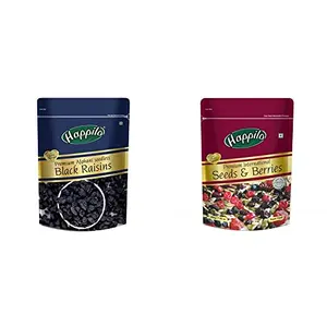 Happilo Premium Afghani Seedless Black Raisins 250g & Premium International Whole Seeds & Berries Pouch 200 g