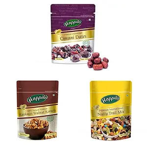 Happilo Dried Premium International Omani Dates 250g & Premium International Trail Mix 200g &  Premium 100% Natural Kashmiri Walnuts Kernels 200g Dry Fruits