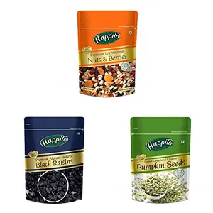 Happilo Premium International Dried Nuts and Berries 200g &  Premium Afghani Seedless Black Raisins 250g & Premium Roasted Pumpkin Seeds for Eating 200g Lightly Salted for Healthy Diet