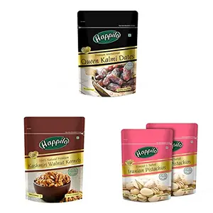 Happilo Premium International fresh Queen Kalmi Dates 200gm & Premium 100% Natural Kashmiri Walnuts Kernels 200g Dry Fruits & Happilo Premium Californian Roasted and Salted Pistachios 200g
