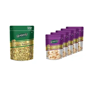 Happilo Dried Seedless Green Raisins Value Pack Pouch 500 gm & Premium 100% Natural Whole Cashews 200g (Pack of 5)