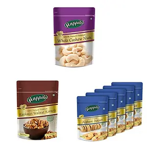 Happilo 100% Natural Premium Whole Cashews 200g &  Premium 100% Natural Kashmiri Walnuts Kernels 200g Dry Fruits & Premium Dried Afghani Anjeer 200g (Pack of 5)