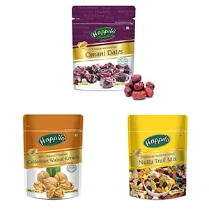 Happilo Dried Premium International Omani Dates 250g &  Premium 100% Natural Californian Walnut KernelsDried200g & Premium International Trail Mix 200g