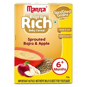 Manna Baby Cereal 200g | Baby Food (6+Months) Sprouted Bajra with Apple Powder | 100% Natural Health Mix | Infant Food
