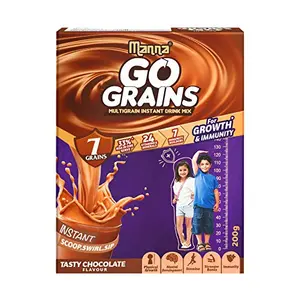 Manna Go Grains | 200g | Chocolate | Health and Nutrition drink for Kids | Multigrain Malted Drink for Growth & Immunity. High Protein | 7 Immunity builders | 24 Vitamins and Minerals for Growth