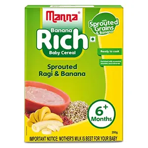 Manna Baby Cereal 200g | Baby Food (6+Months) Sprouted Ragi & Banana | 100% Natural Health Mix | Infant Food